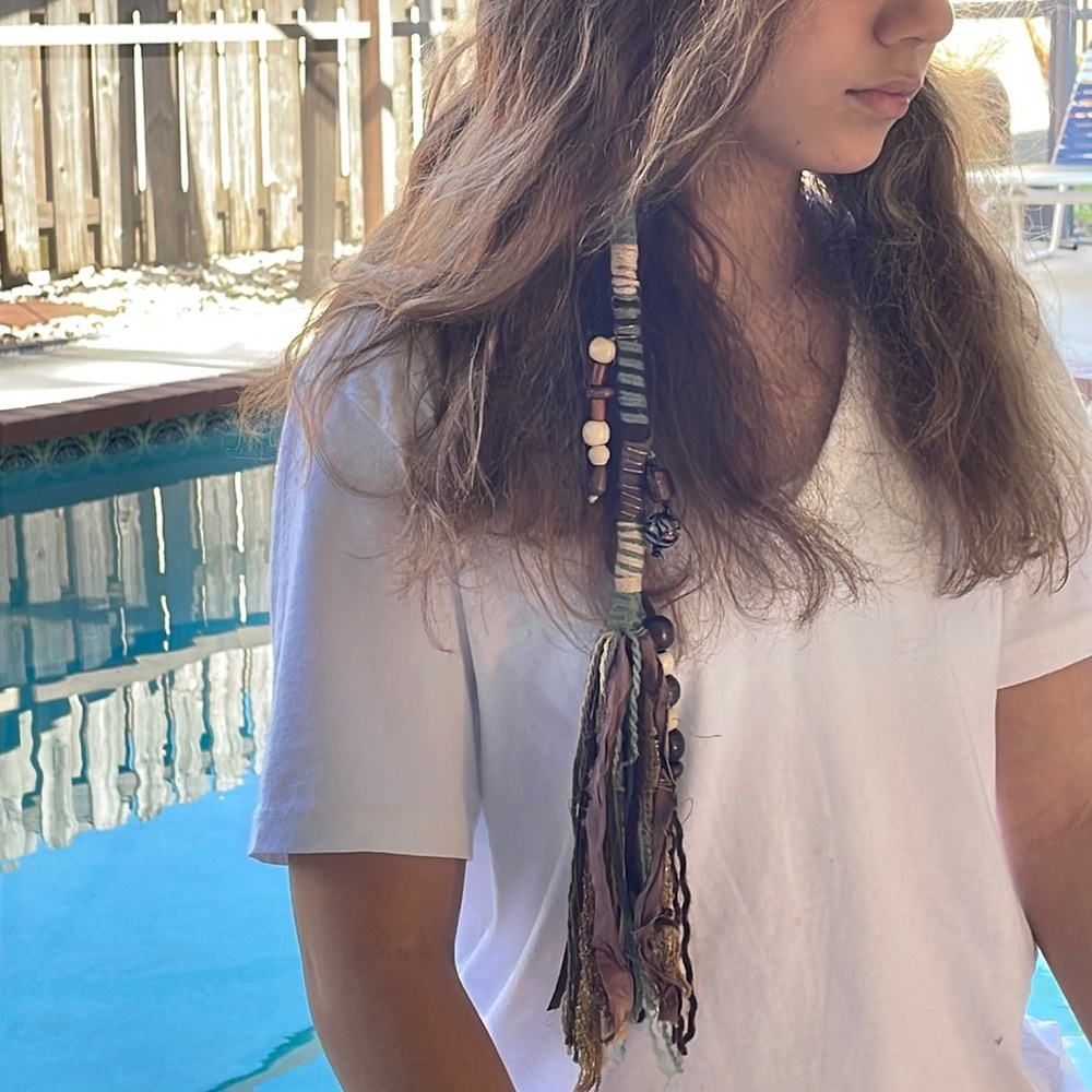 Gypsy Hair Dread Braid Earthy Tones Wood Natural Beads Brown Gold Beige Green